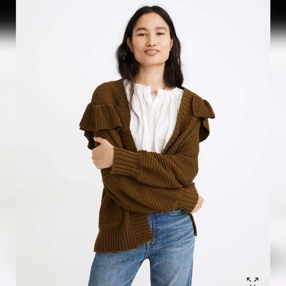 Madewell Ruffle Neck Cardigan Sweater Golden Green Size XS Front Square Pockets